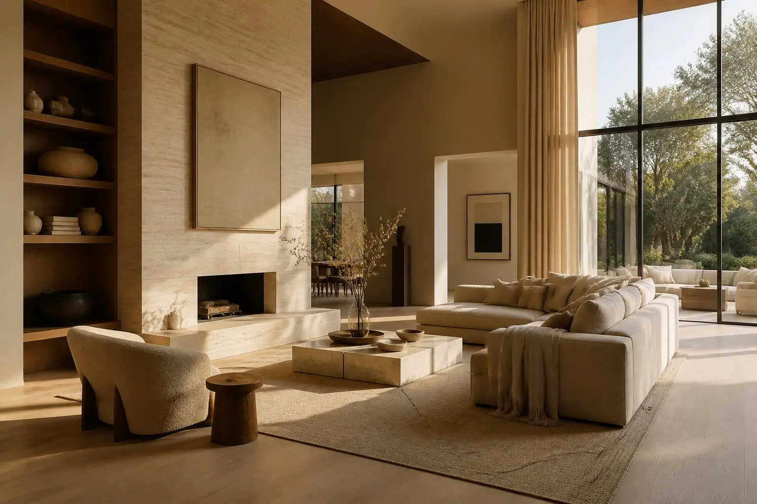 Luxury interior with travertine fireplace, oak floors and soft afternoon light