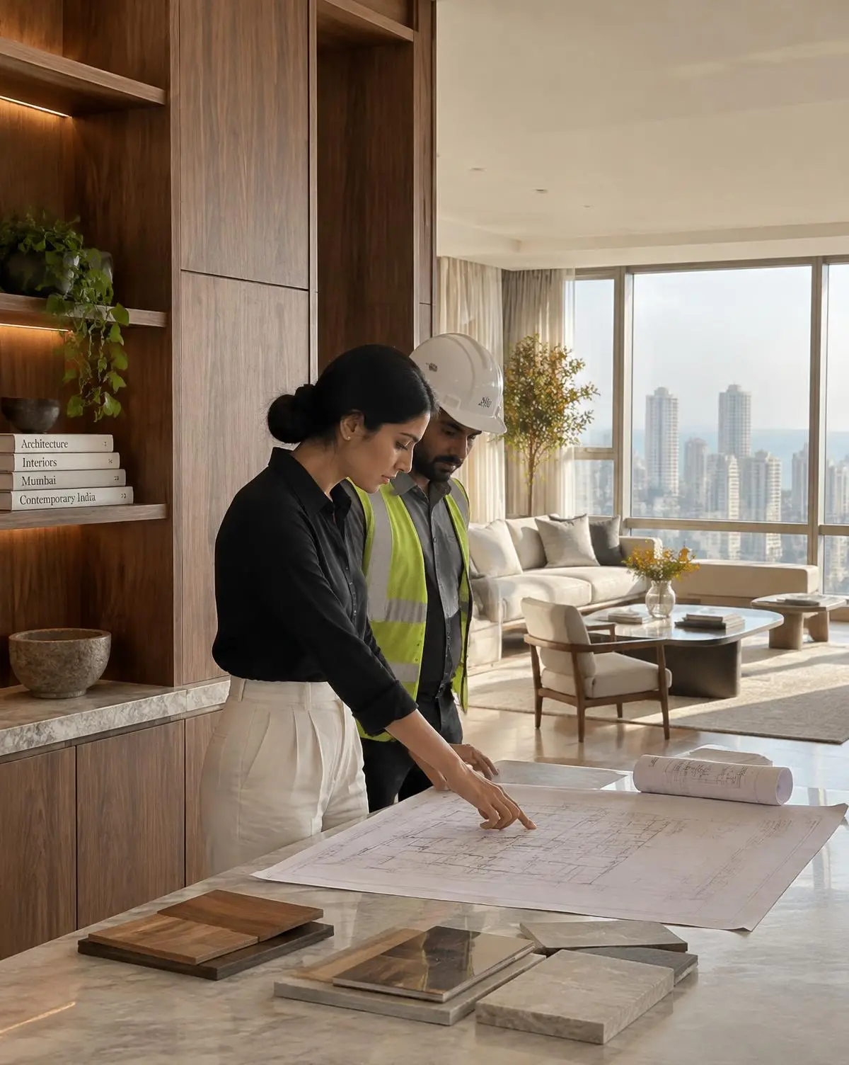 Designer and site engineer reviewing drawings on a luxury fit-out